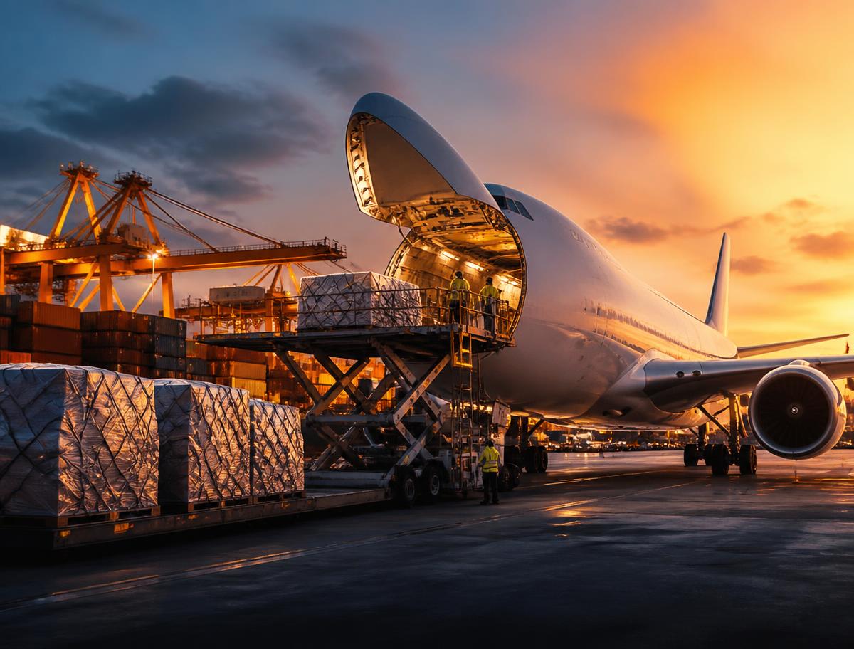 Avión de carga y terminal de contenedores al atardecer