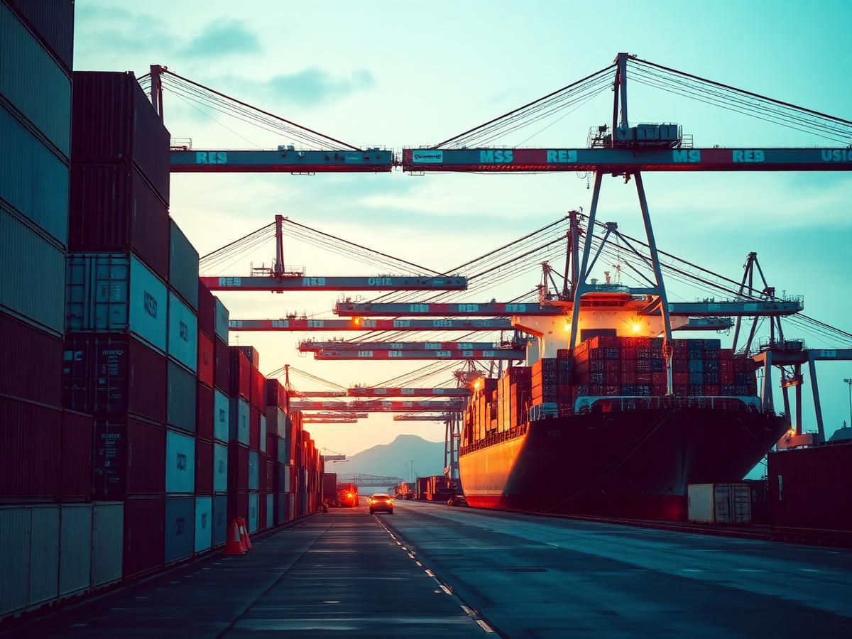 Terminal portuaria con contenedores y grúas al amanecer