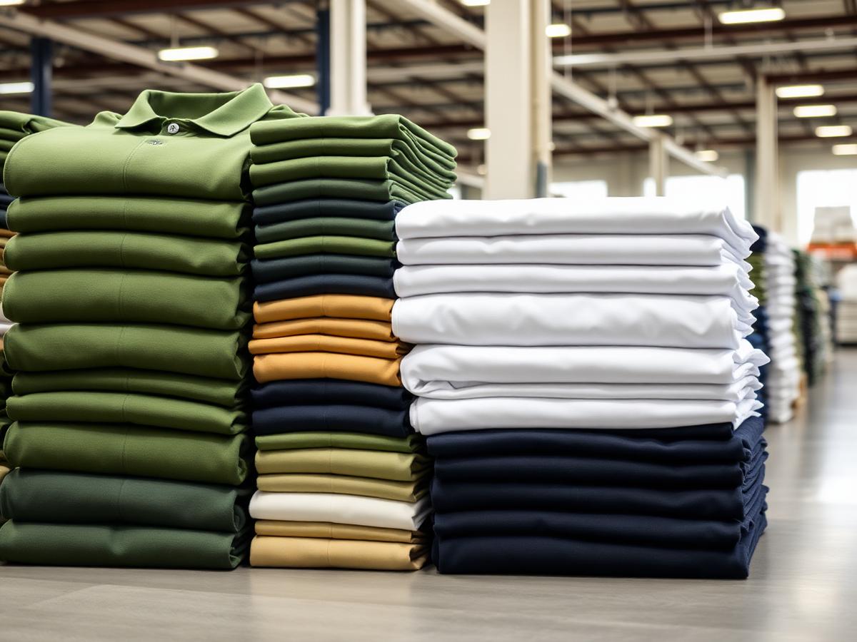 Uniformes corporativos doblados en bodega textil
